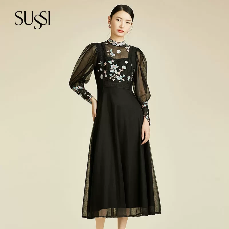 SUSSI古色丨“暗夜星绣”黑色立领泡泡长袖刺绣连衣裙女显瘦国风
