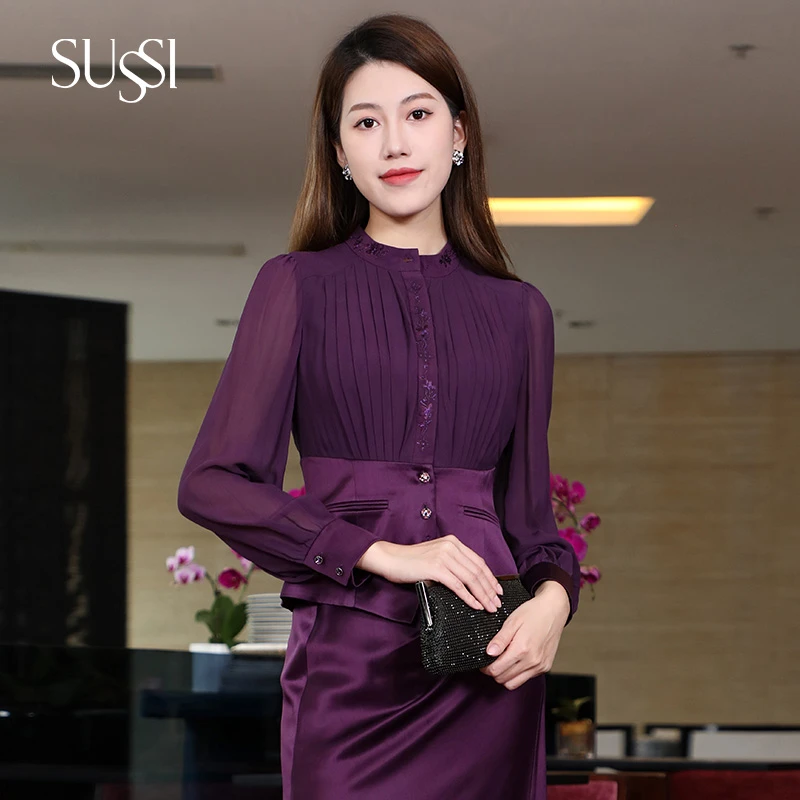 SUSSI古色丨“紫韵华彰”新中式紫色压褶绣花长袖衬衫上衣女衬衣