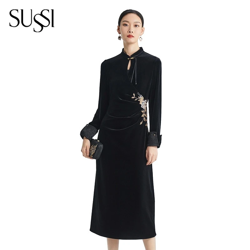 SUSSI/古色“暗夜金蕊”秋冬新中式黑色中式刺绣高级感改良旗袍裙女
