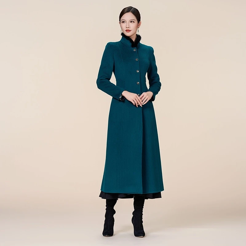 SUSSI/原创新中式中国风秋冬款中式立领镶毛条单排扣双面呢外套