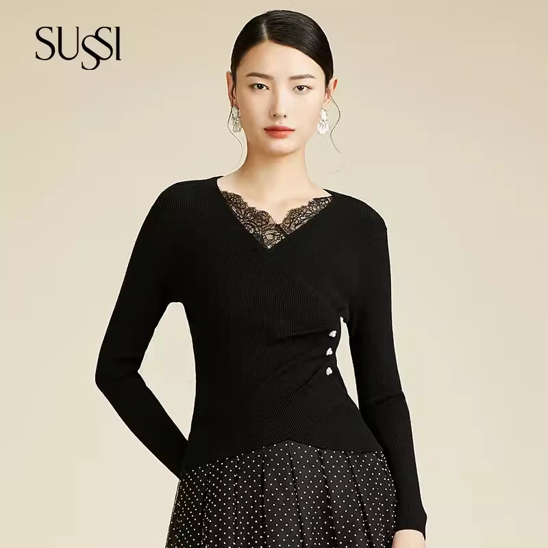 SUSSI/古色春商场同款黑色百搭V领针织毛衣上衣女