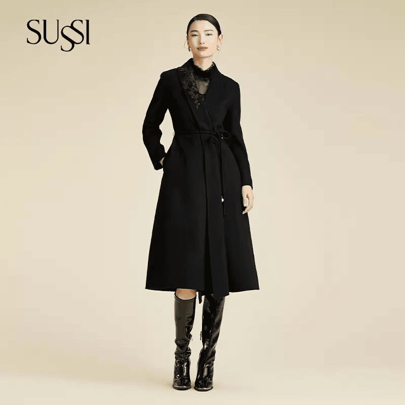 【长夜星辰】SUSSI/古色冬季商场V型立领腰节绑带长款羊毛大衣外套