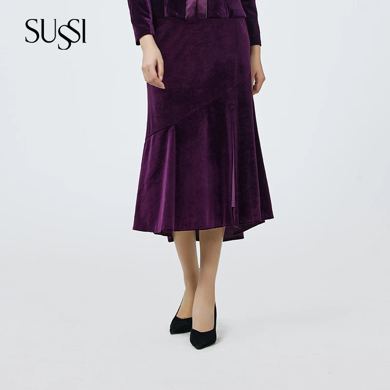 SUSSI/古色秋冬商场同款紫色丝绒不规则开叉高级感鱼尾半身裙女