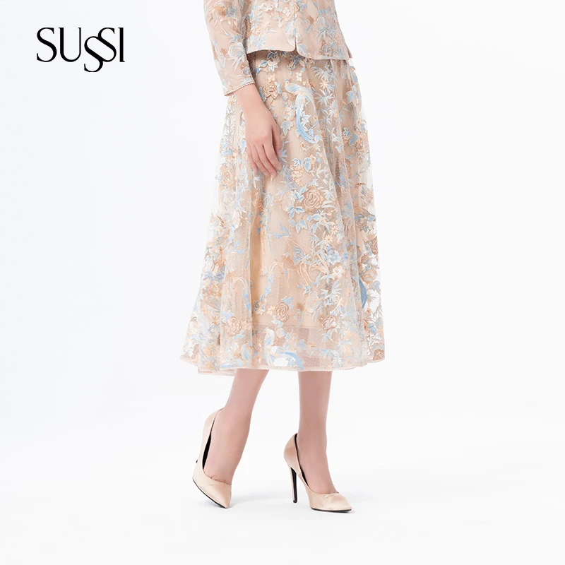 SUSSI/古色25春商场场合同款刺绣宫廷风伞裙减龄高腰半身裙女