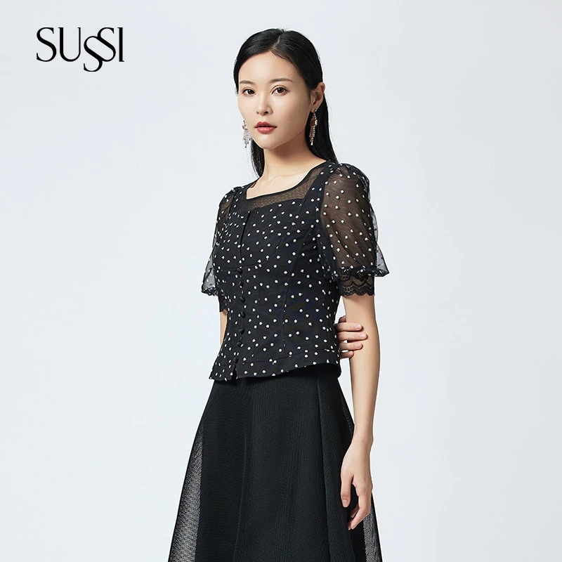 SUSSI/古色25夏【墨曜星华】黑色网纱方领刺绣灯笼袖显瘦上衣
