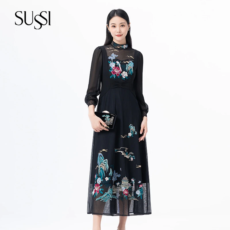 【锦绣山河】SUSSI/古色23秋商场同款淡黄复古网纱透气收腰连衣裙女