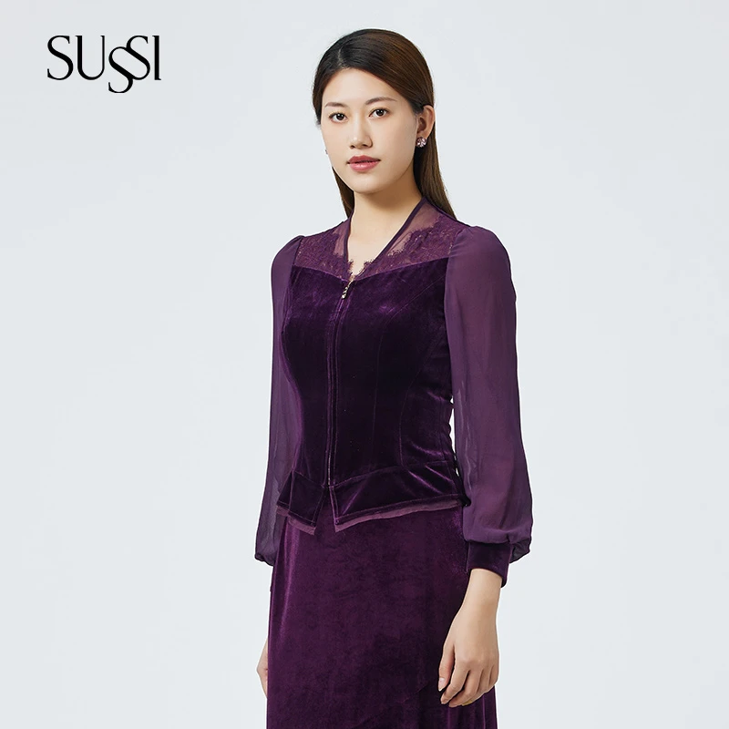 SUSSI/古色24秋静奢新中式紫色丝绒V领灯笼袖上衣开衫女