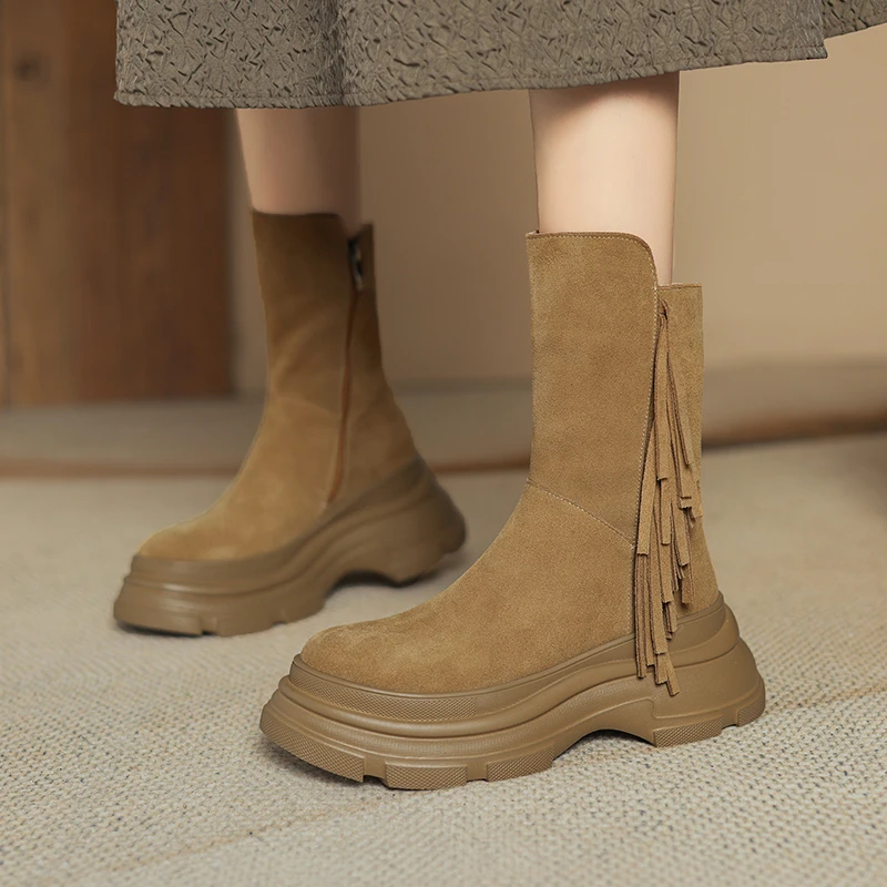 8cm厚底小个子增高显瘦流苏真皮英伦风马丁靴高跟加绒短靴短筒女