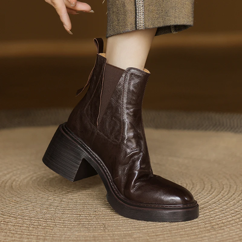 6cm粗跟高跟气质显瘦圆头切尔西靴真皮简约复古短筒短靴秋冬厚底