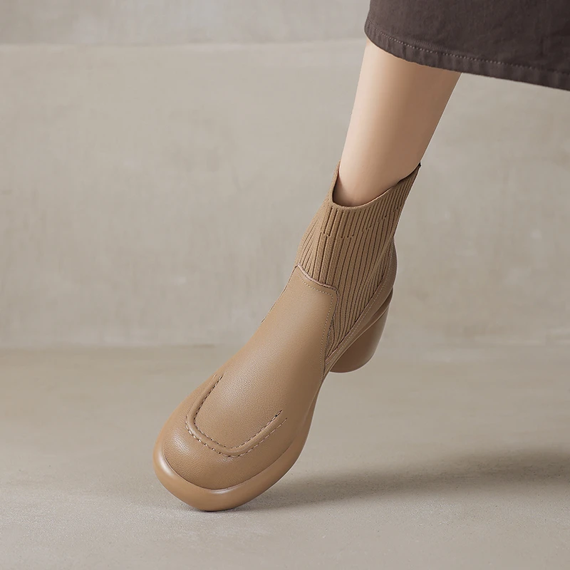 6.5cm高跟瘦瘦靴时尚百搭复古棕色厚底英伦风圆头粗跟短筒短靴女