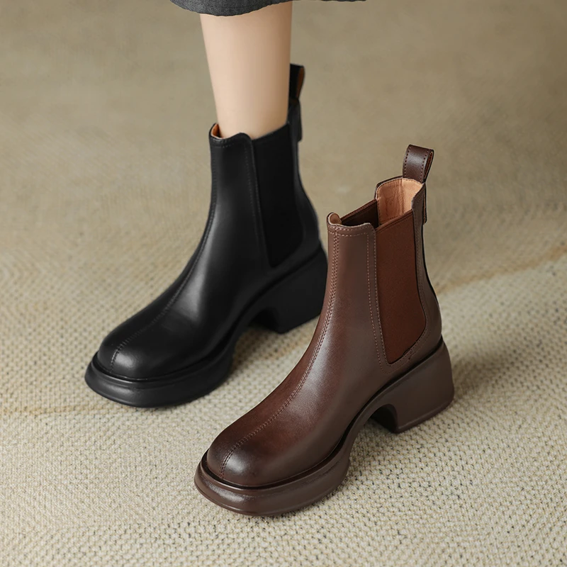 6CM真皮复古厚底加绒圆头时尚百搭舒适气质新款切尔西靴短筒短靴