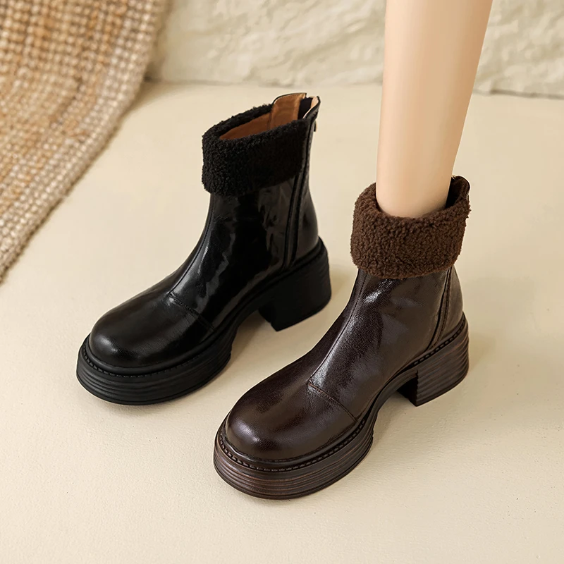 5cm真皮百搭舒适粗跟厚底加绒加厚英伦风圆头切尔西靴短筒瘦瘦靴