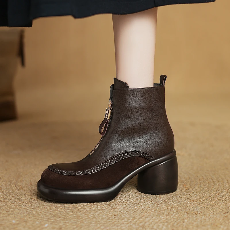 6.5cm厚底粗跟高跟复古圆头气质小众设计感英伦风马丁靴短筒短靴