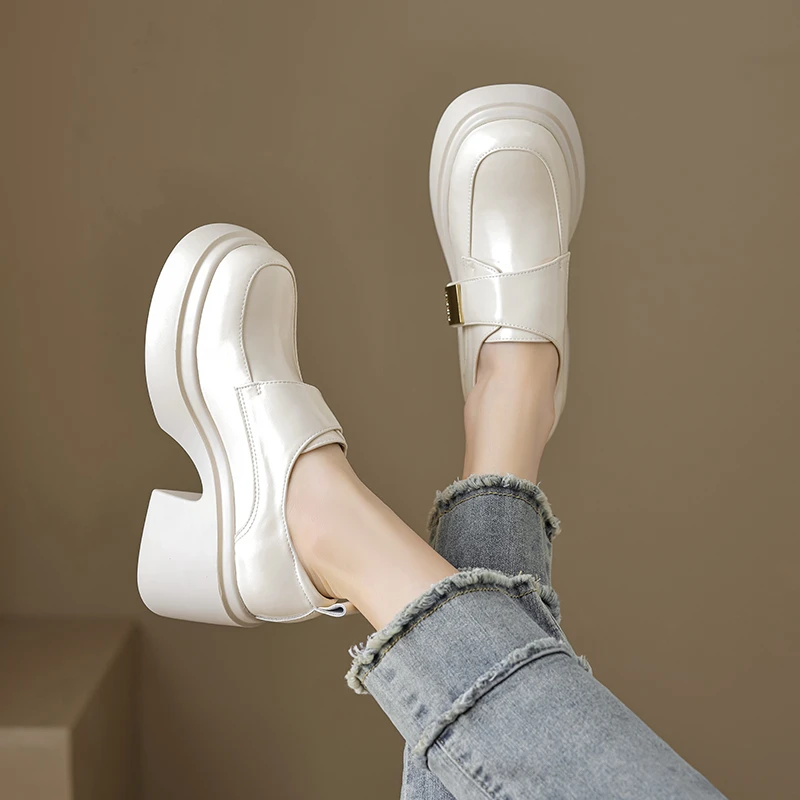 8CM跟|33-40码|真皮舒适厚底粗跟百搭休闲英伦风圆头小众新款单鞋