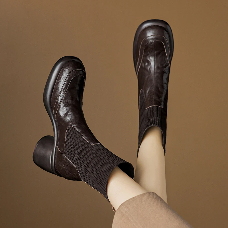 6.5cm粗跟法式复古厚底高跟圆头显瘦弹力瘦瘦靴英伦风马丁靴短靴