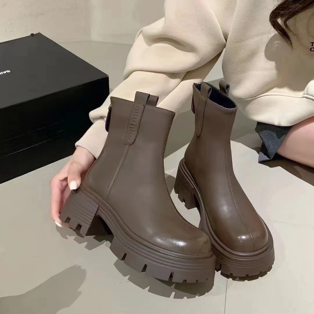 真皮马丁靴女秋冬季厚底防滑短靴2023新款韩版烟筒靴弹力瘦瘦单靴