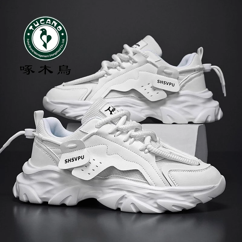 正品啄木鸟男鞋春秋2024款休闲黑色运动鞋网面厚底增高老爹工作鞋