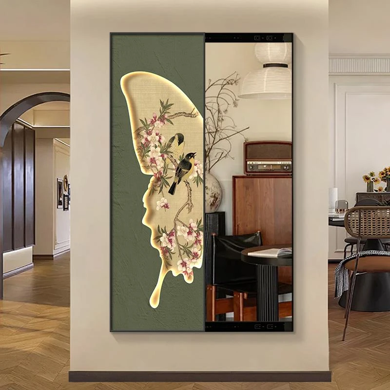 中古风百蝶图镜子玄关壁画隐形穿衣镜复古风推拉全身镜卧室暗藏式