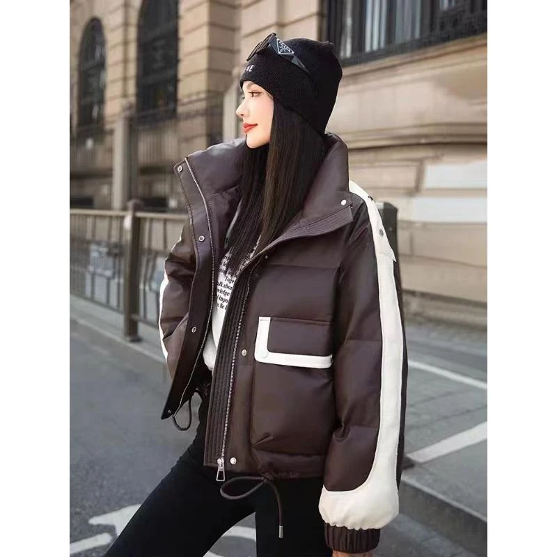 pu皮白鸭绒羽绒服女短款2023秋冬季新款正品撞色拼接小个子外套潮