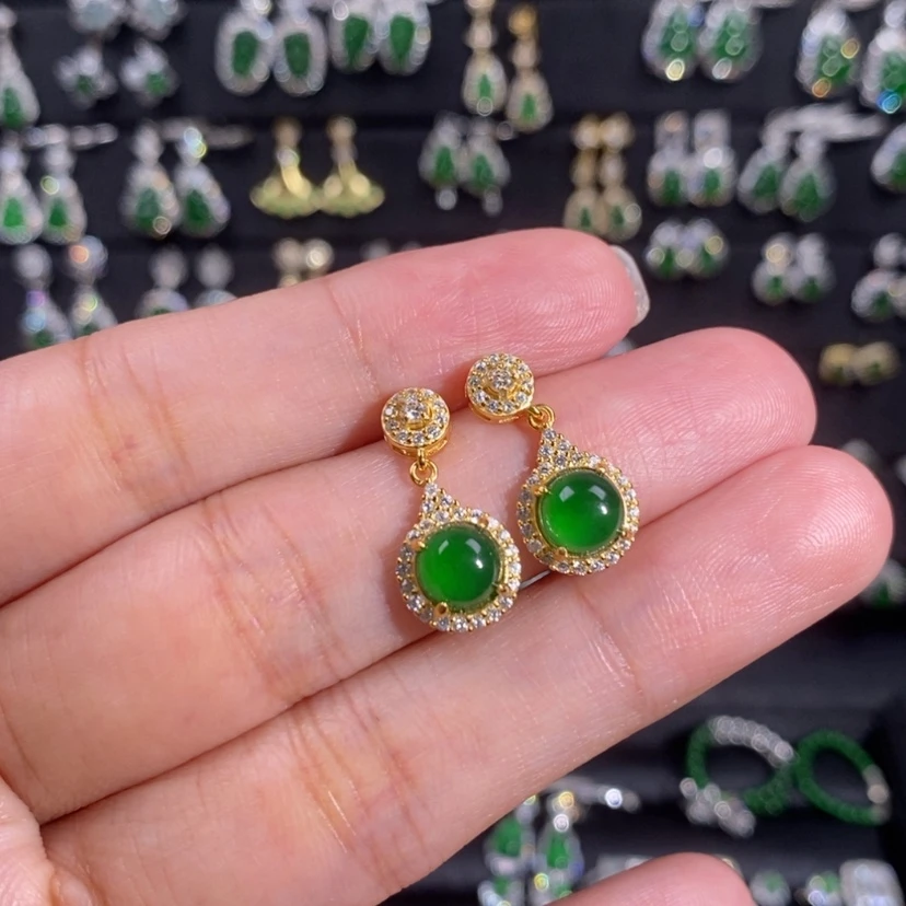 【闪购商品】翡翠耳饰银S925镀金镶嵌