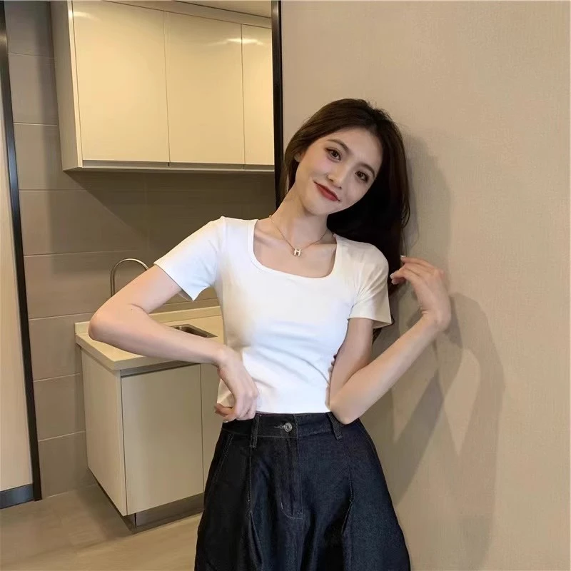 JS夏季方领棉质T恤修身显瘦白色短袖打底衫经典时尚百搭上衣女A4