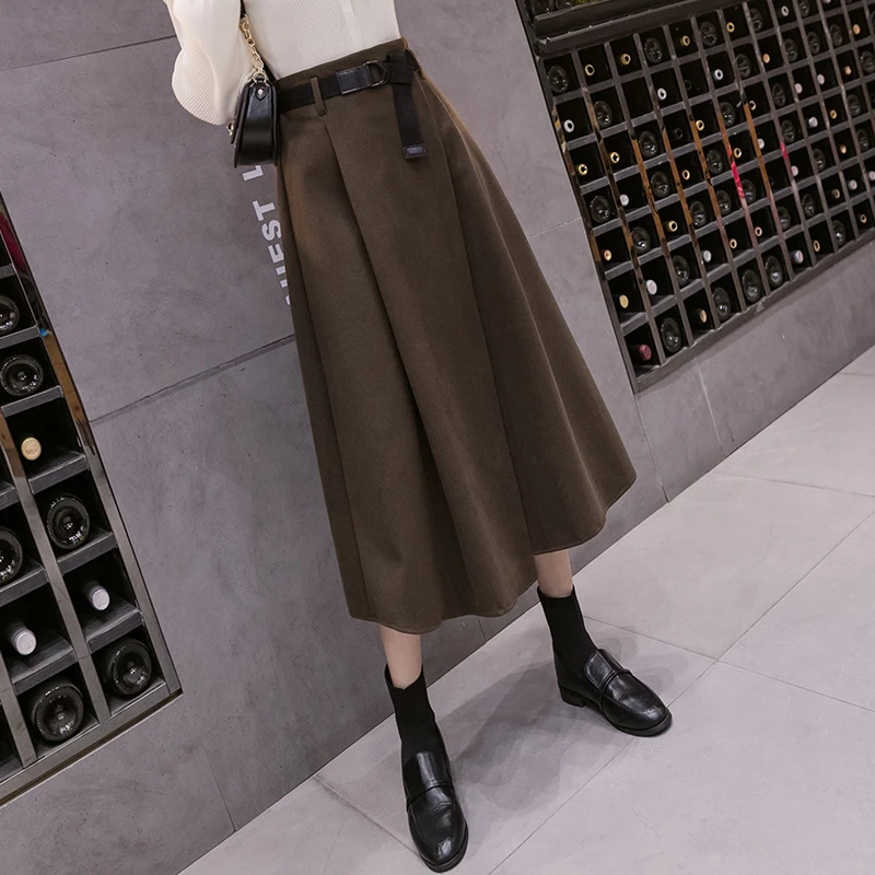 2024秋冬新款呢子大摆裙中长款女韩版高腰裙送腰带