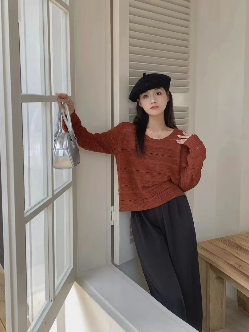 镂空长袖针织衫女大码设计感秋季新款纯色慵懒风宽松百搭显瘦上衣