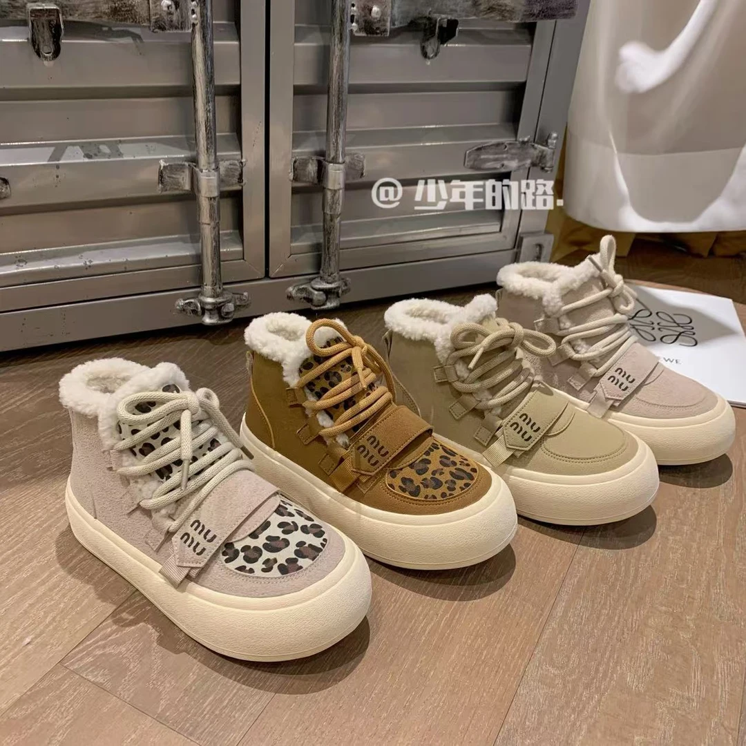 【少年的路】2024秋冬新款休闲加绒板鞋豹纹高帮德训鞋时尚百搭女鞋