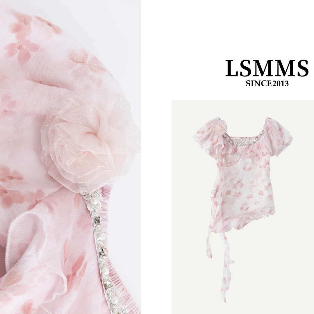 LSMMS【萱萱专属】夏日新款氛围感碎花不规则衬衫配花朵系带855