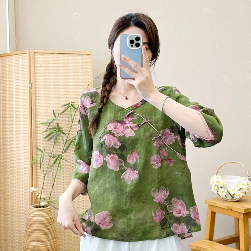 【妙慧】2025夏季新款清仓显瘦气质时尚春夏文艺印花小衫上衣