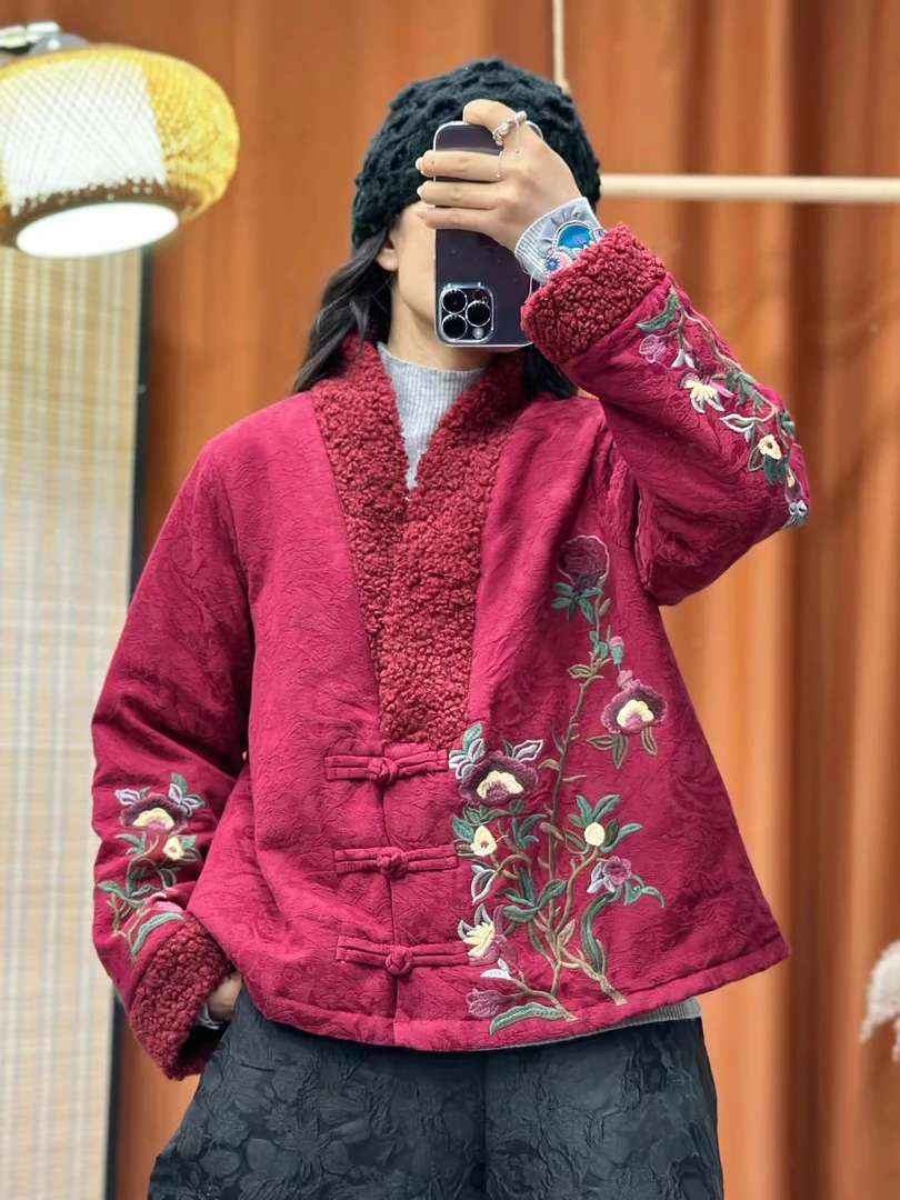 【妙慧】亚麻刺绣重工民族风盘扣加厚中国风女士棉衣羊羔绒秋冬棉服