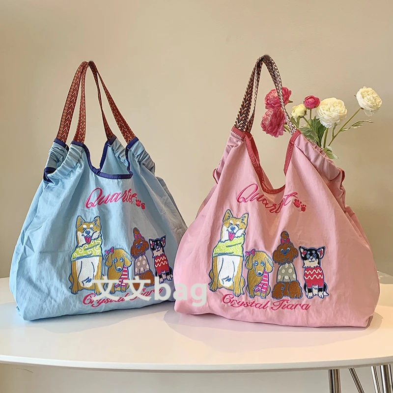 轻便新款日系茶杯猫刺绣尼龙购物袋环保袋时尚百搭大容量单肩女包