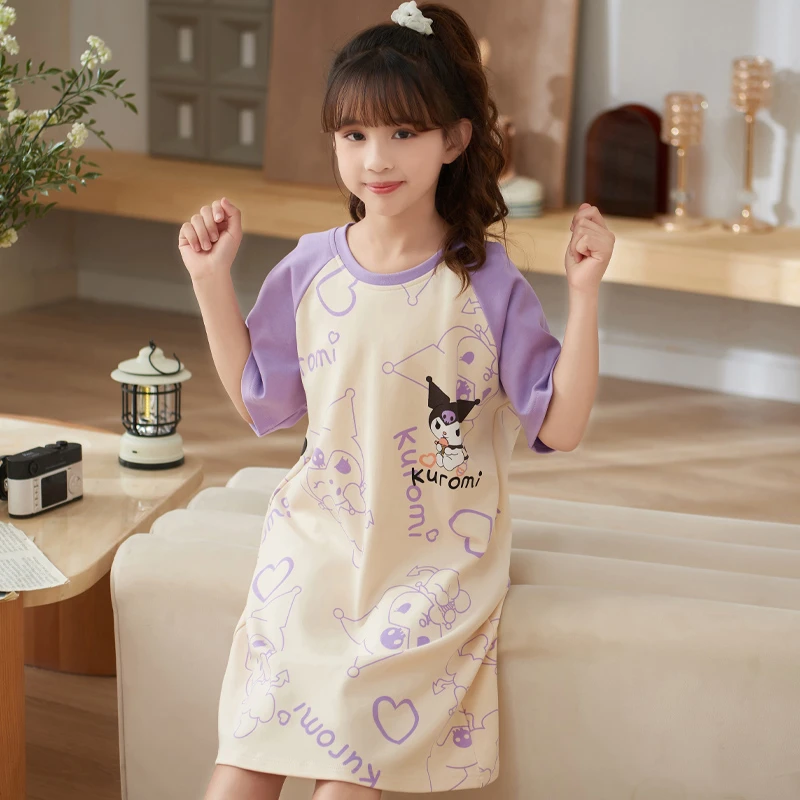 纯棉夏款女童睡衣卡通薄款小女孩宝宝中大童短袖睡裙家居服库洛米
