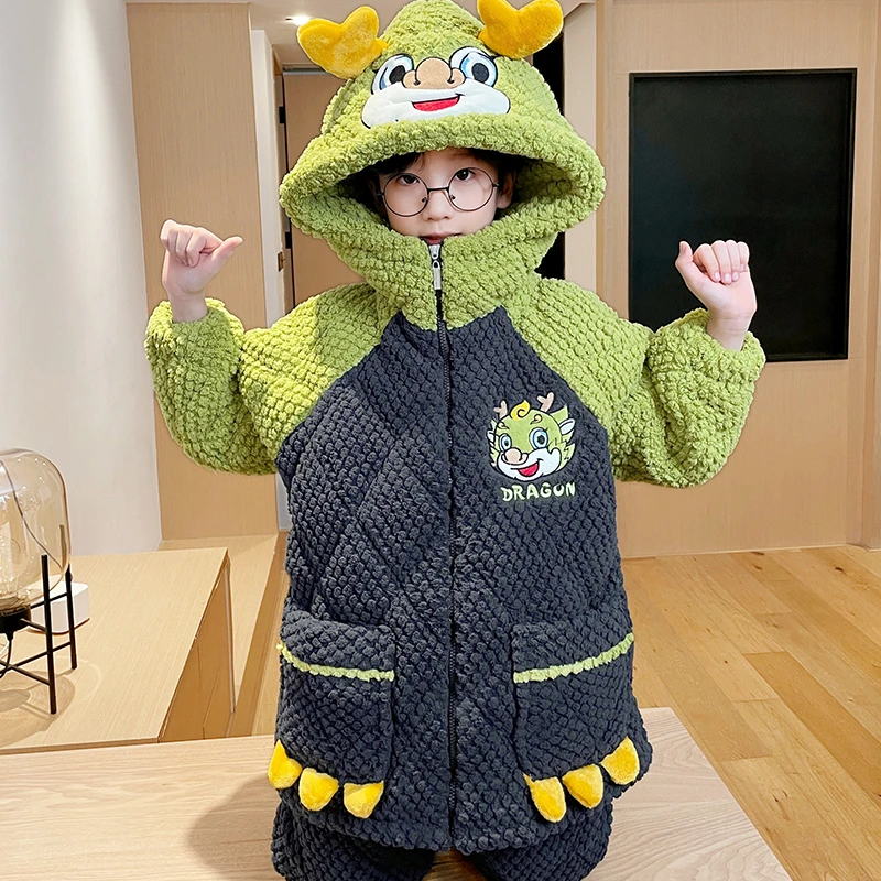 男童睡衣冬三层夹棉珊瑚绒加厚款秋冬季儿童男孩卡通小神龙家居服