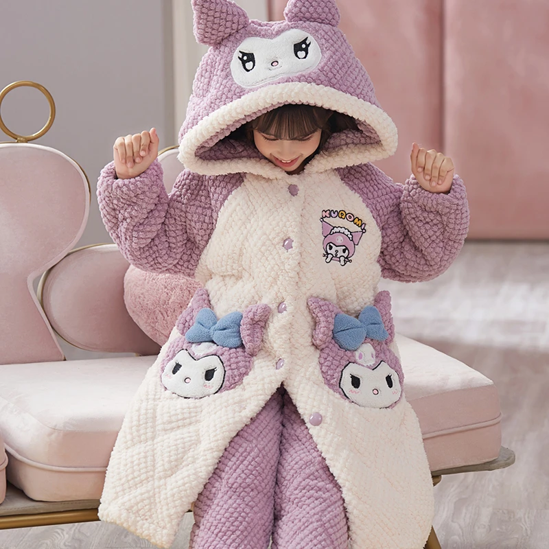 女童睡衣冬珊瑚绒儿童三层夹棉加厚保暖大童库洛米睡袍家居服套装
