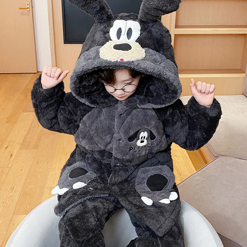 布鲁托儿童睡衣男童冬款珊瑚绒加绒加厚三层夹棉小男孩家居服套装