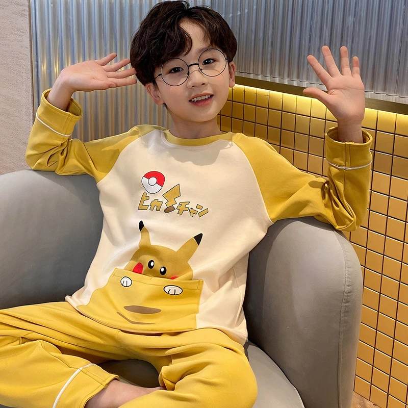 纯棉睡衣小皮卡丘男童春秋长袖儿童时尚大童青少年学生家居服套装