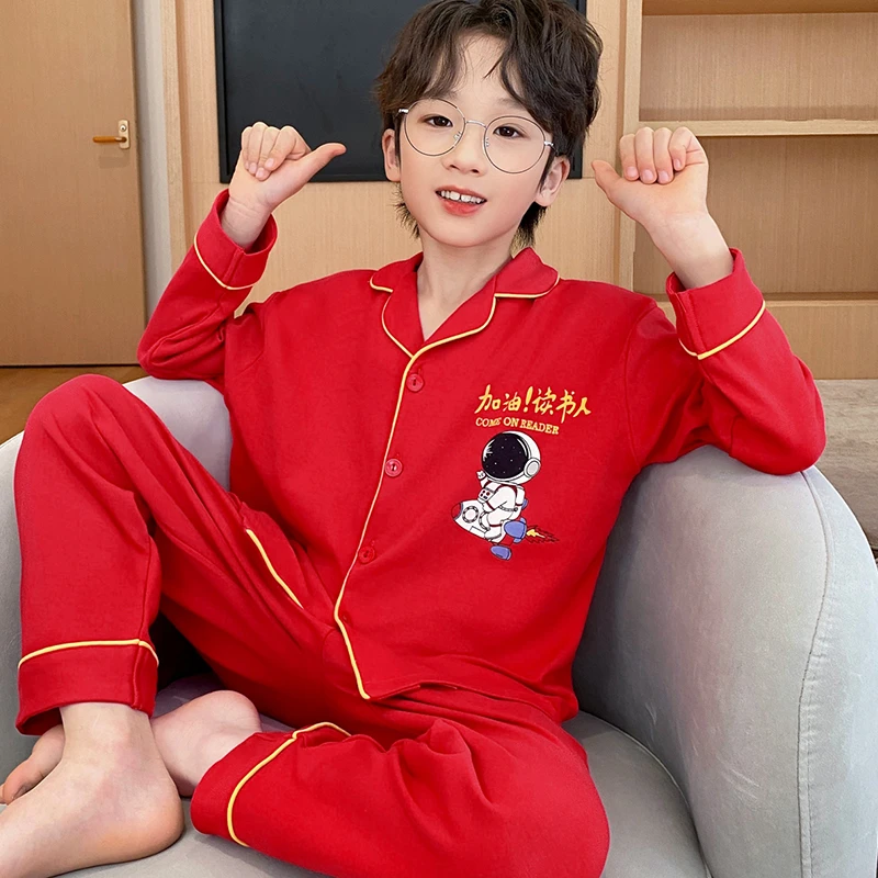 红色新年儿童睡衣春秋纯棉长袖2025新款男孩男童太空人家居服套装