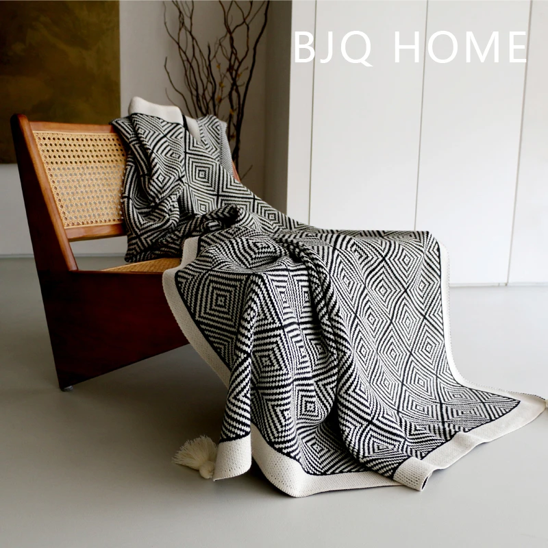 黑白几何针织毯 轻奢软装沙搭毯搭巾单人午休毛毯 复古盖毯披肩