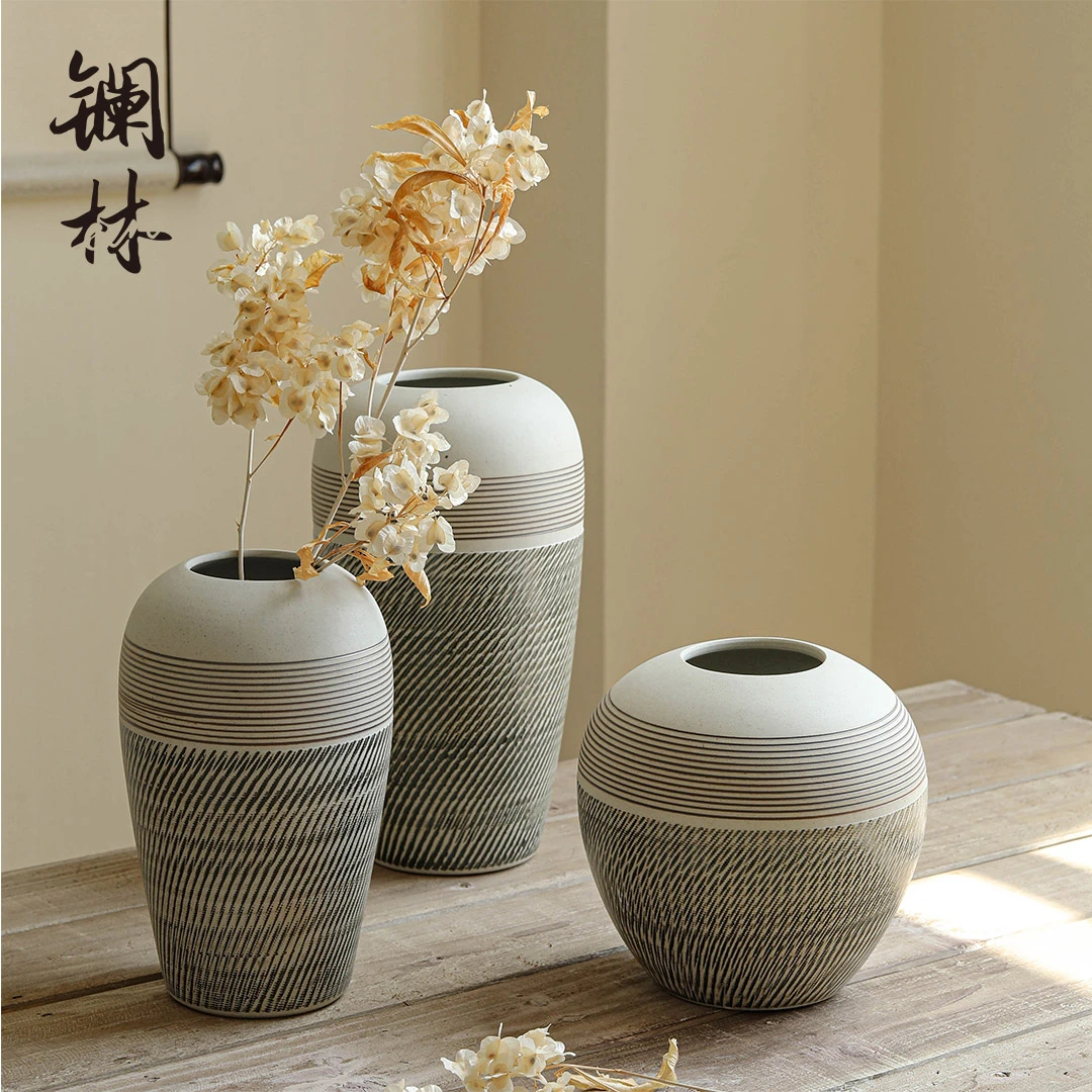现代桌面陶瓷花瓶客厅复古文艺小清新粗陶插干花花花器