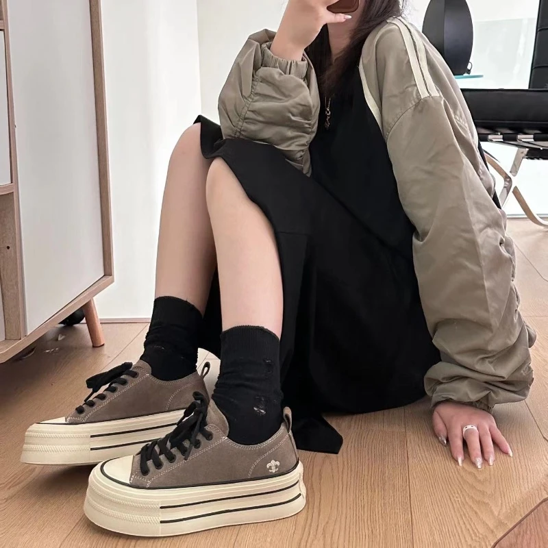 原创网红真皮帆布鞋女2024秋季新款百搭厚底增高复古港风休闲板鞋