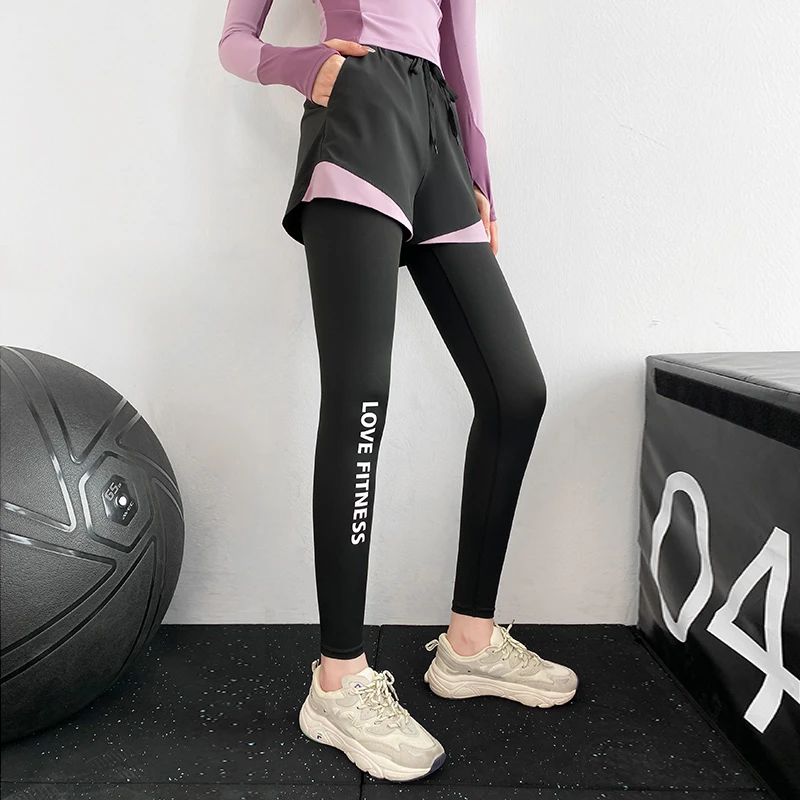 【姗姗快跑】22501健身裤女高腰提臀假两件速干透气运动瑜伽裤