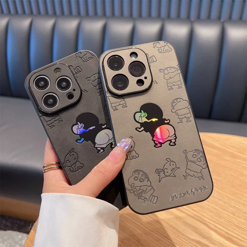 适用苹果14promax手机壳翻毛皮蜡笔小新镭射可爱iPhone13新款12软
