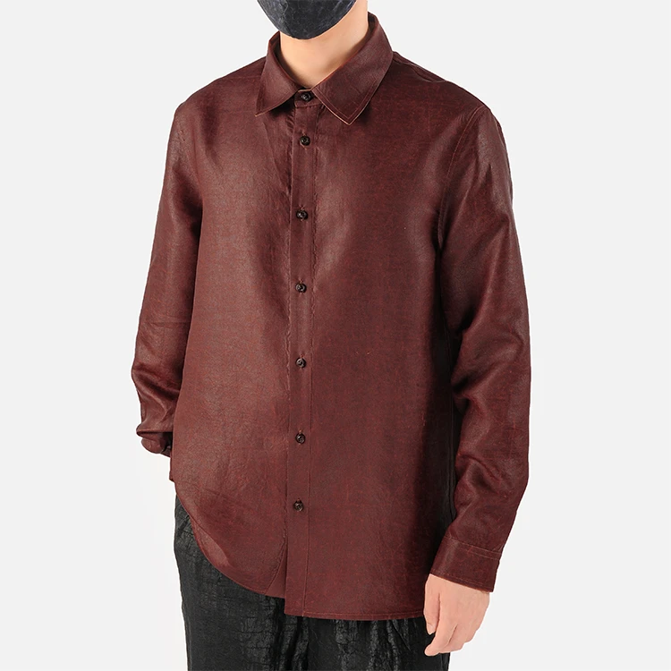 看山看水88702 男士长袖衬衫 桑蚕丝龟裂纹红云纱中式复古衬衣