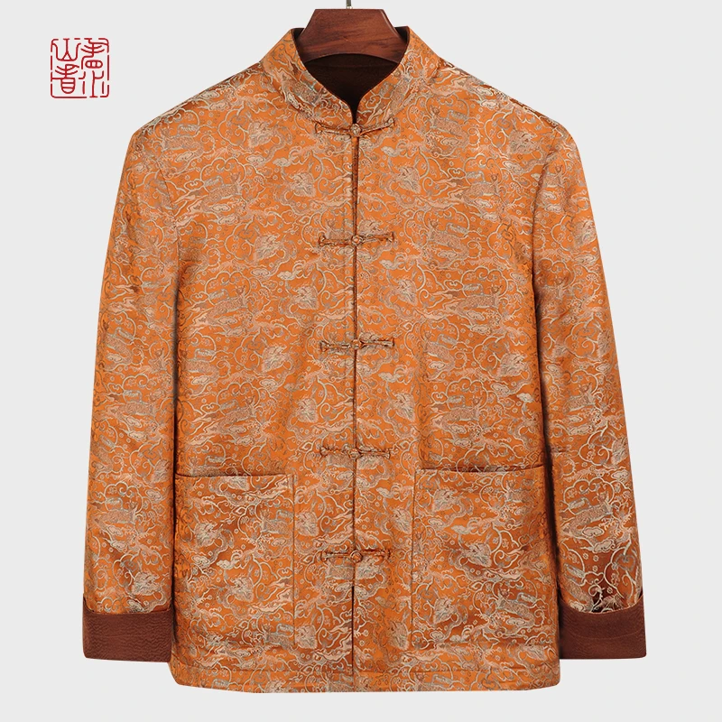 88117双面唐装外套 桑蚕丝水波纹羊毛呢宋锦香云纱男士夹克秋冬