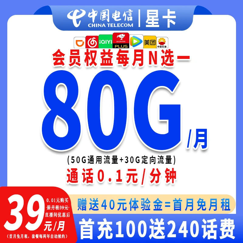 中国电信流量卡电话卡80G+会员权益流量卡自动续约套餐-公共