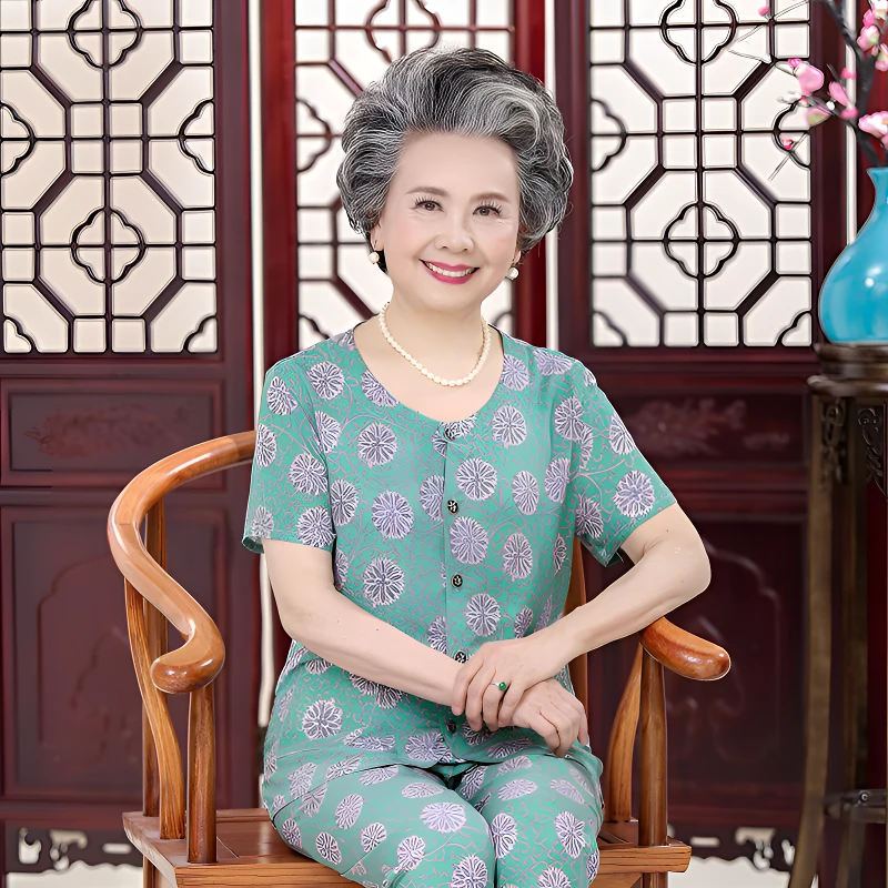 奶奶装夏天棉绸套装中老年人女装短袖开衫80岁70老太太夏季妈妈装