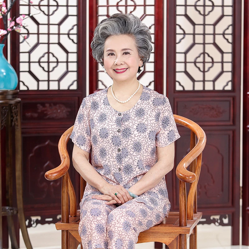 妈妈装夏装棉绸套装中老年人女装短袖开衫80岁70老太太夏季奶奶装