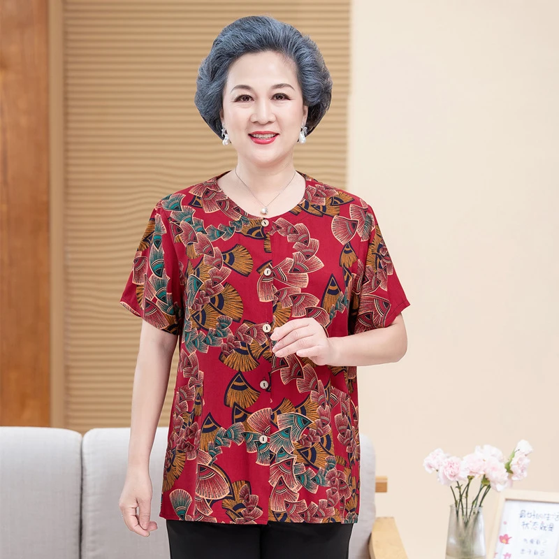 老年人棉绸衬衫老太太圆领开衫夏季人造棉薄款短袖宽松上衣奶奶装