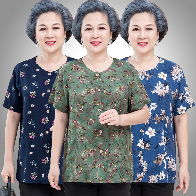 中老年女棉绸衬衫老太太圆领开衫夏季人造棉奶奶装薄款短袖上衣服